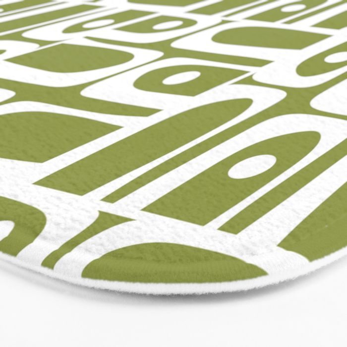Mid Century Modern Piquet Multi Geometric Pattern in Mid Mod Martini Olive Green and White Bath Mat Gallery Image 3