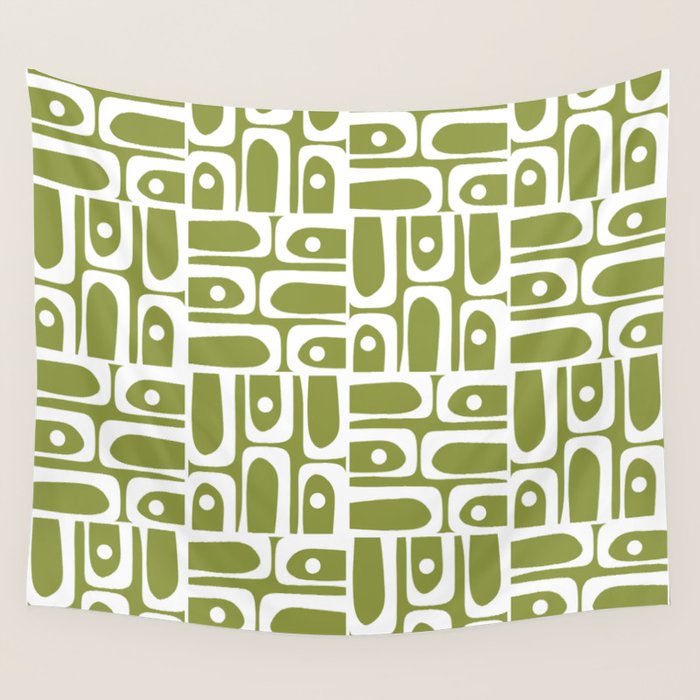 Mid Century Modern Piquet Multi Geometric Pattern in Mid Mod Martini Olive Green and White Wall Tapestry Gallery Image 4