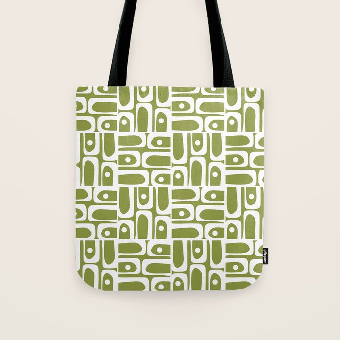 Mid Century Modern Piquet Multi Geometric Pattern in Mid Mod Martini Olive Green and White Tote Bag Gallery Image 1