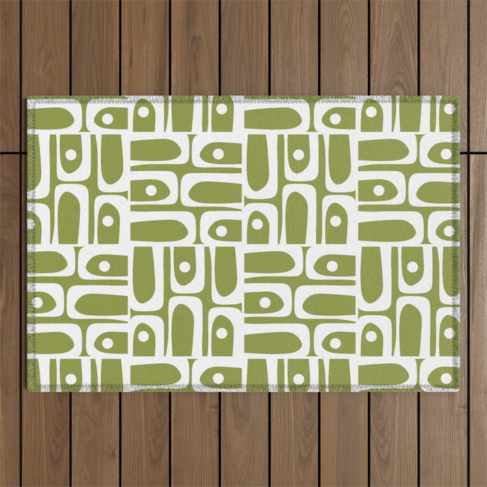 Mid Century Modern Piquet Multi Geometric Pattern in Mid Mod Martini Olive Green and White Outdoor Rug Gallery Image 1