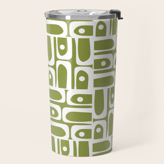 Mid Century Modern Piquet Multi Geometric Pattern in Mid Mod Martini Olive Green and White Travel Mug Gallery Image 2