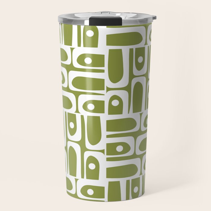 Mid Century Modern Piquet Multi Geometric Pattern in Mid Mod Martini Olive Green and White Travel Mug Gallery Image 1