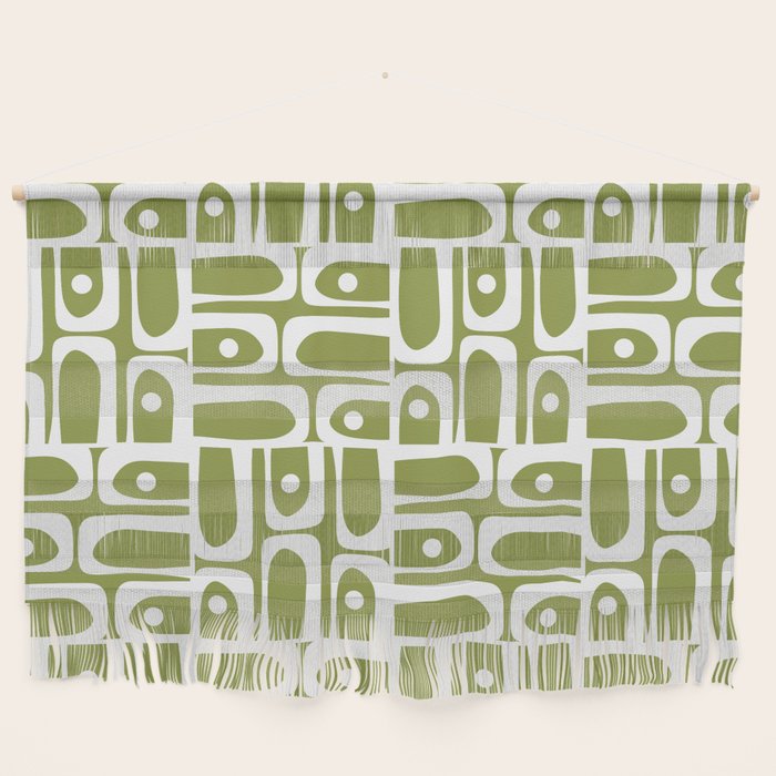 Mid Century Modern Piquet Multi Geometric Pattern in Mid Mod Martini Olive Green and White Wall Hanging Gallery Image 1