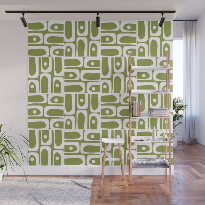 Mid Century Modern Piquet Multi Geometric Pattern in Mid Mod Martini Olive Green and White Wall Mural Gallery Image 1