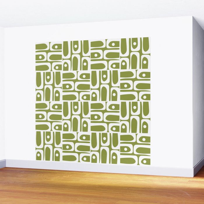 Mid Century Modern Piquet Multi Geometric Pattern in Mid Mod Martini Olive Green and White Wall Mural Gallery Image 2