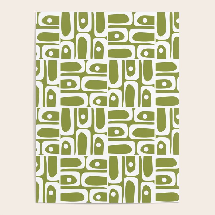 Mid Century Modern Piquet Multi Geometric Pattern in Mid Mod Martini Olive Green and White Poster Gallery Image 1