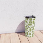 Mid Century Modern Piquet Multi Geometric Pattern in Mid Mod Martini Olive Green and White Travel Mug Gallery Image 4