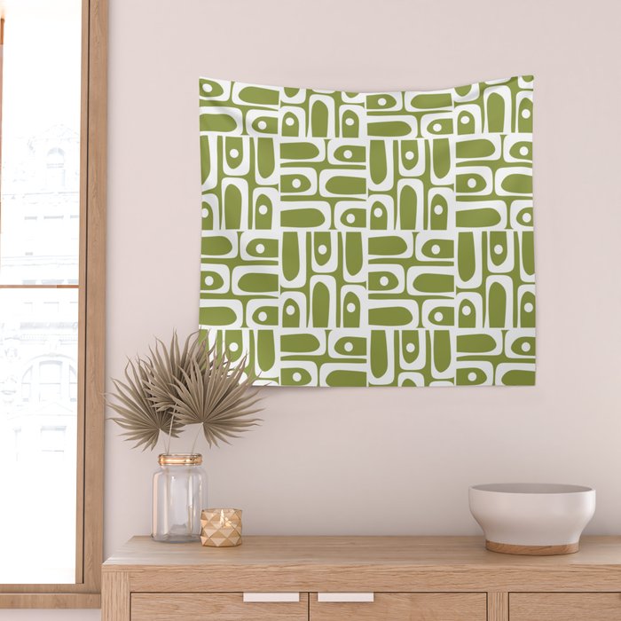Mid Century Modern Piquet Multi Geometric Pattern in Mid Mod Martini Olive Green and White Wall Tapestry Gallery Image 2