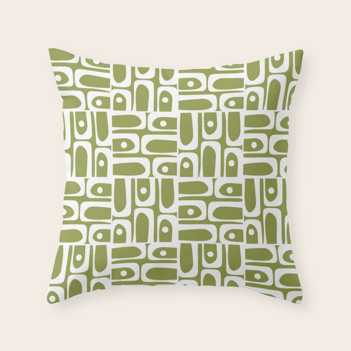 Mid Century Modern Piquet Multi Geometric Pattern in Mid Mod Martini Olive Green and White Throw Pillow Gallery Image 1