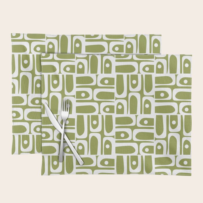 Mid Century Modern Piquet Multi Geometric Pattern in Mid Mod Martini Olive Green and White Placemat Gallery Image 1