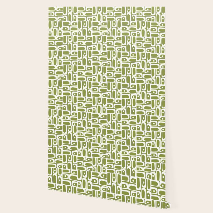 Mid Century Modern Piquet Multi Geometric Pattern in Mid Mod Martini Olive Green and White Wallpaper Gallery Image 2