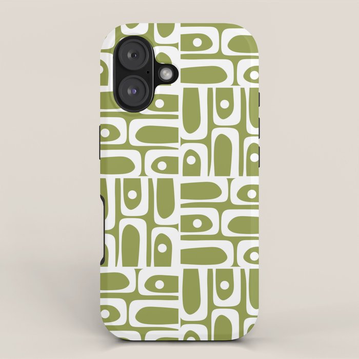 Mid Century Modern Piquet Multi Geometric Pattern in Mid Mod Martini Olive Green and White iPhone Case Gallery Image 1