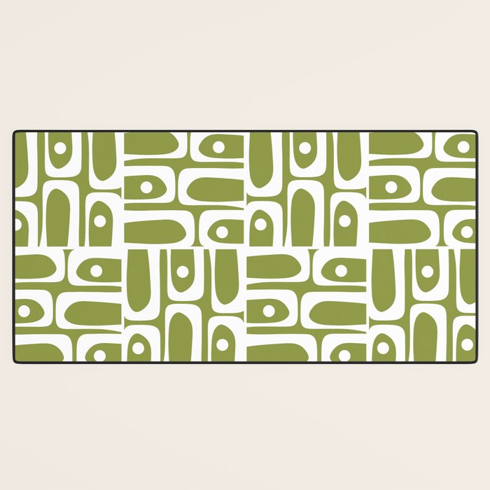 Mid Century Modern Piquet Multi Geometric Pattern in Mid Mod Martini Olive Green and White Desk Mat Gallery Image 3