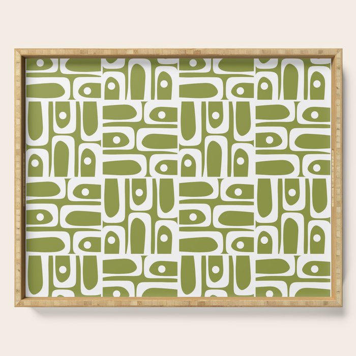 Mid Century Modern Piquet Multi Geometric Pattern in Mid Mod Martini Olive Green and White Serving Tray Gallery Image 1