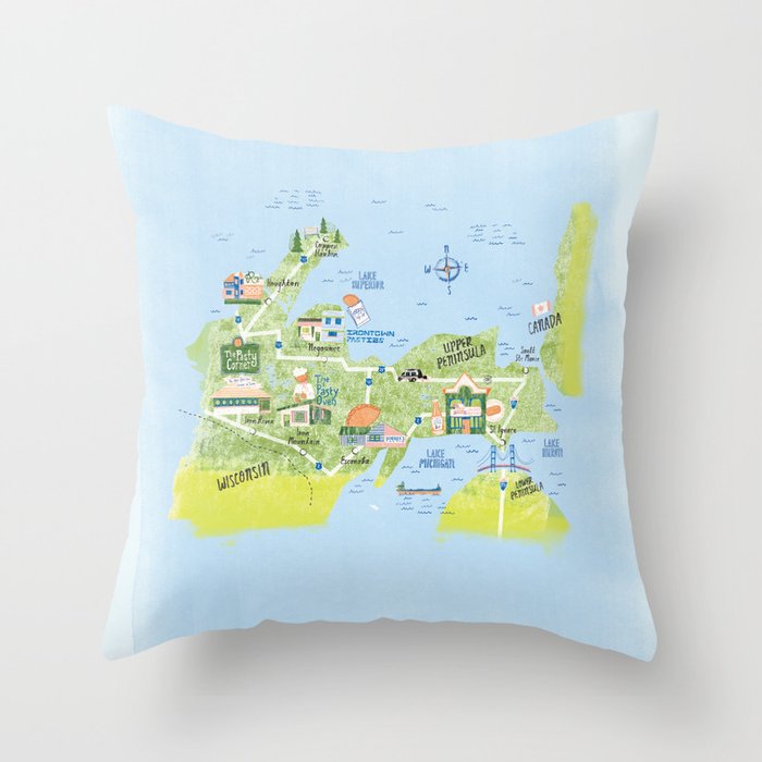 Map of Northern Michigan - Pasty Tour in Blue Throw Pillow Gallery Image 6