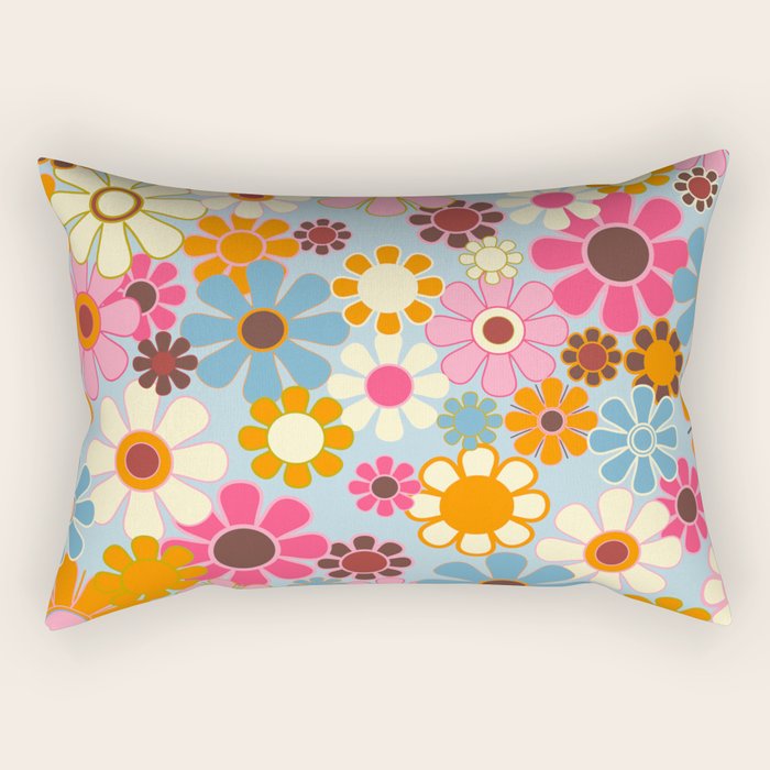 Cheerful Floral Retro Garden 60s 70s Pattern in Ice Blue Orange Pink Rectangular Pillow Gallery Image 1
