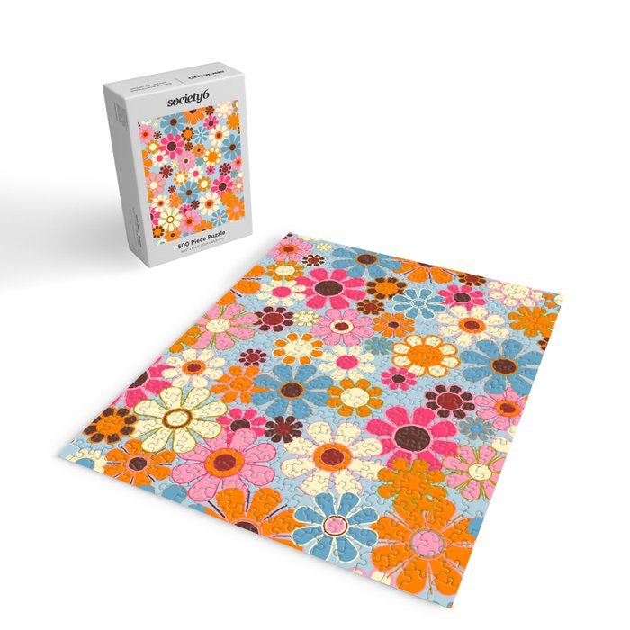 Cheerful Floral Retro Garden 60s 70s Pattern in Ice Blue Orange Pink Jigsaw Puzzle Gallery Image 2