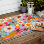 Cheerful Floral Retro Garden 60s 70s Pattern in Ice Blue Orange Pink Outdoor Rug Gallery Image 2