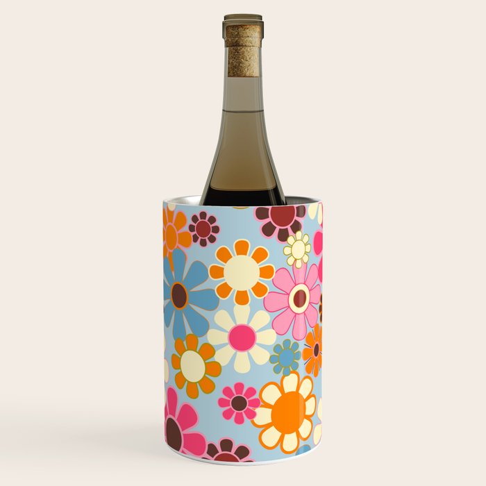 Cheerful Floral Retro Garden 60s 70s Pattern in Ice Blue Orange Pink Wine Chiller Gallery Image 1