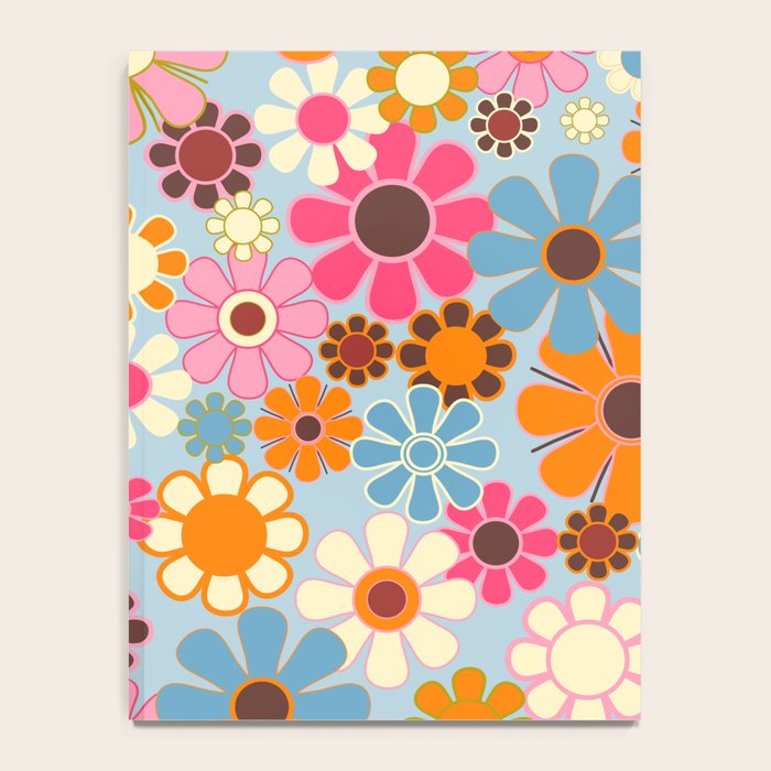 Cheerful Floral Retro Garden 60s 70s Pattern in Ice Blue Orange Pink Notebook Gallery Image 4