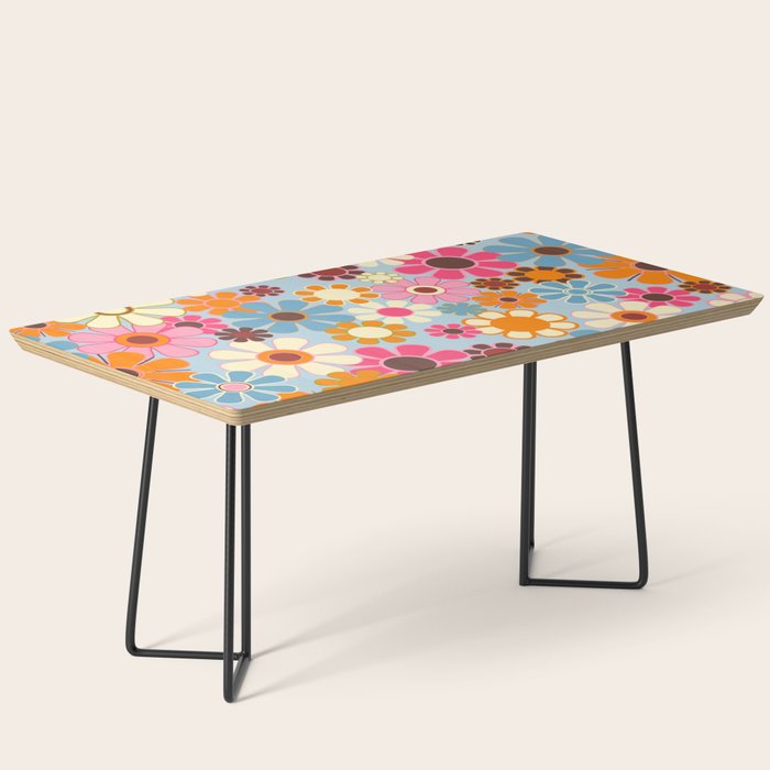 Cheerful Floral Retro Garden 60s 70s Pattern in Ice Blue Orange Pink Coffee Table Gallery Image 1