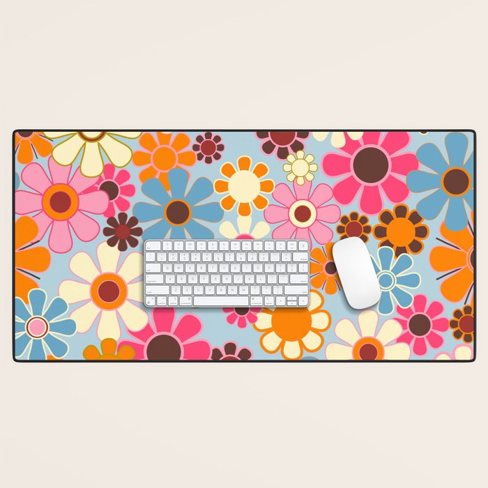 Cheerful Floral Retro Garden 60s 70s Pattern in Ice Blue Orange Pink Desk Mat Gallery Image 1