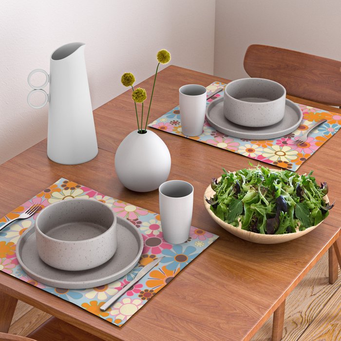 Cheerful Floral Retro Garden 60s 70s Pattern in Ice Blue Orange Pink Placemat Gallery Image 2