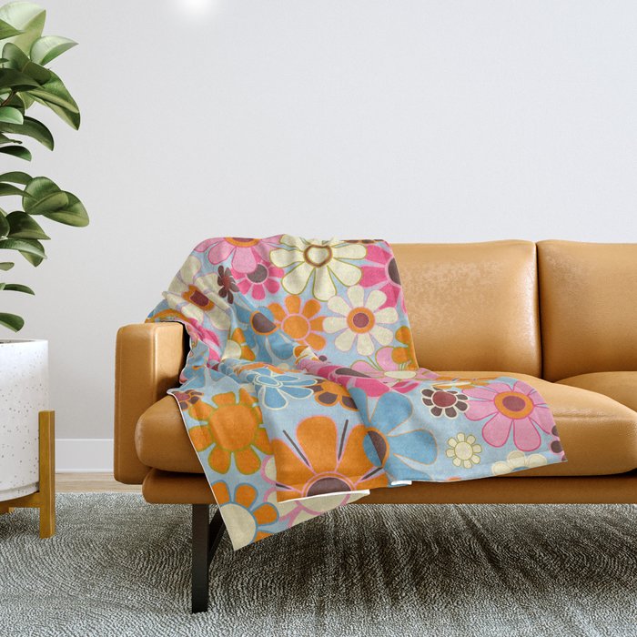 Cheerful Floral Retro Garden 60s 70s Pattern in Ice Blue Orange Pink Throw Blanket Gallery Image 1