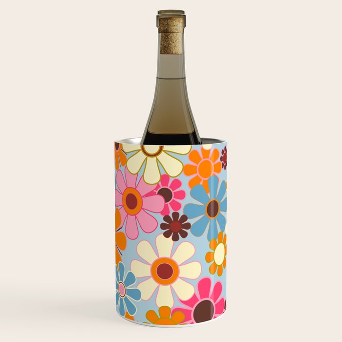 Cheerful Floral Retro Garden 60s 70s Pattern in Ice Blue Orange Pink Wine Chiller Gallery Image 2
