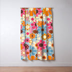 Cheerful Floral Retro Garden 60s 70s Pattern in Ice Blue Orange Pink Window Curtain Gallery Image 3