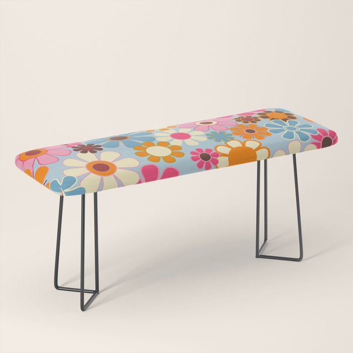 Cheerful Floral Retro Garden 60s 70s Pattern in Ice Blue Orange Pink Bench Gallery Image 1