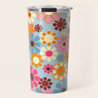 Cheerful Floral Retro Garden 60s 70s Pattern in Ice Blue Orange Pink Travel Mug Gallery Image 1
