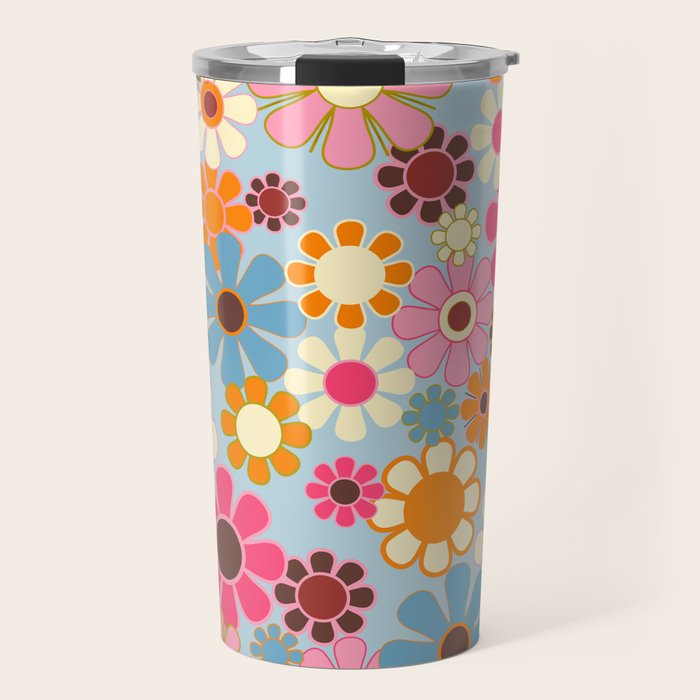 Cheerful Floral Retro Garden 60s 70s Pattern in Ice Blue Orange Pink Travel Mug Gallery Image 1