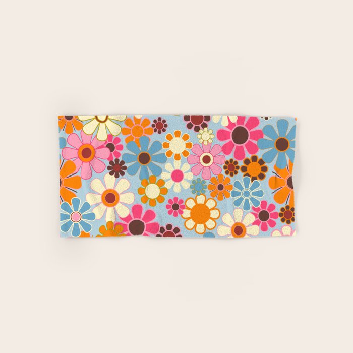 Cheerful Floral Retro Garden 60s 70s Pattern in Ice Blue Orange Pink Bath Towel Gallery Image 1