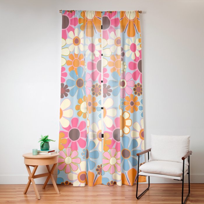 Cheerful Floral Retro Garden 60s 70s Pattern in Ice Blue Orange Pink Window Curtain Gallery Image 16