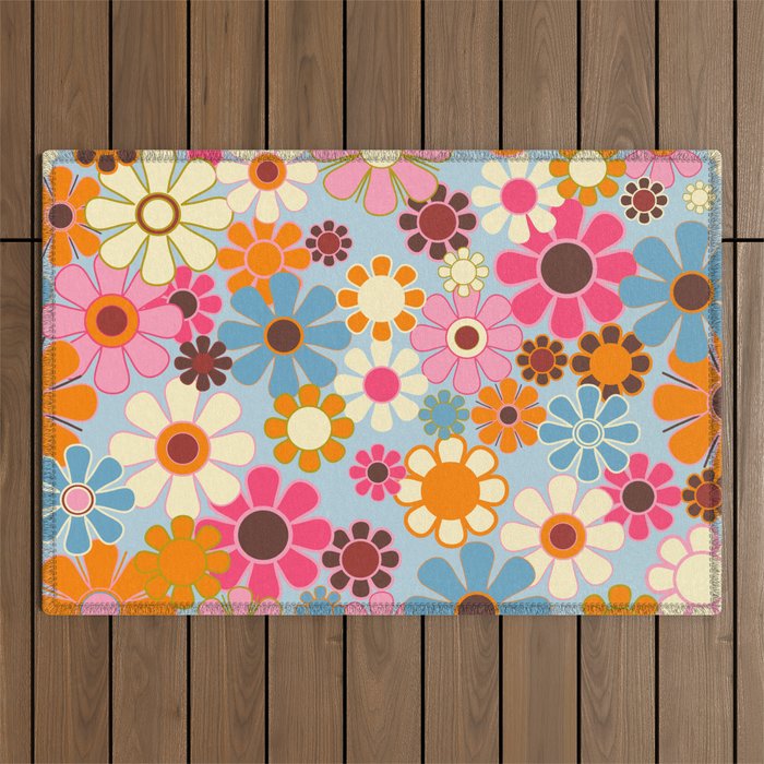 Cheerful Floral Retro Garden 60s 70s Pattern in Ice Blue Orange Pink Outdoor Rug Gallery Image 1
