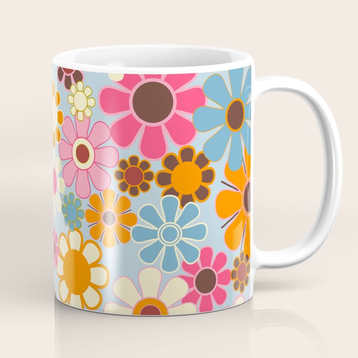 Cheerful Floral Retro Garden 60s 70s Pattern in Ice Blue Orange Pink Coffee Mug Gallery Image 1