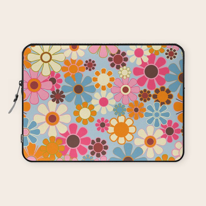 Cheerful Floral Retro Garden 60s 70s Pattern in Ice Blue Orange Pink Laptop Sleeve Gallery Image 1