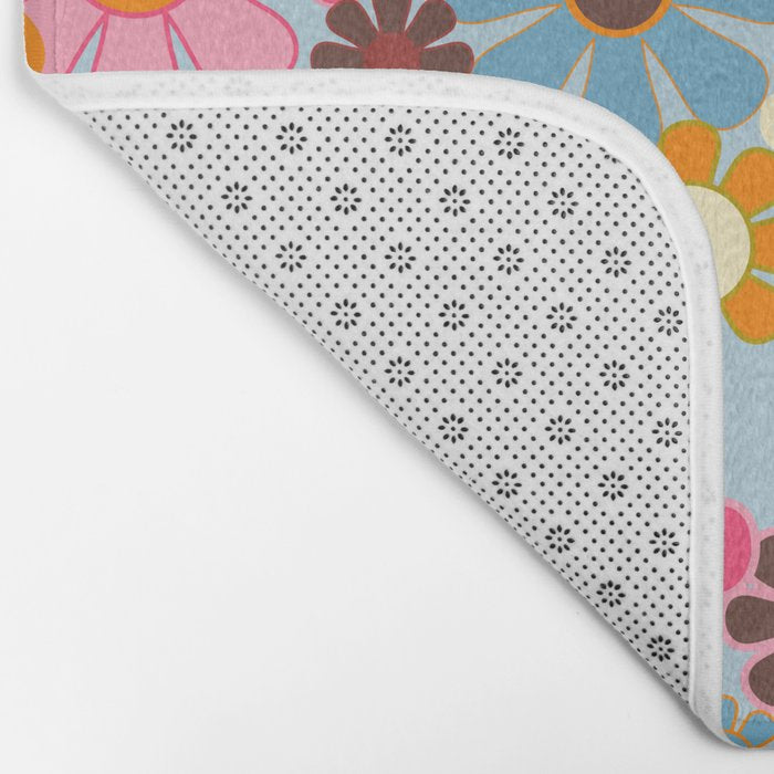 Cheerful Floral Retro Garden 60s 70s Pattern in Ice Blue Orange Pink Bath Mat Gallery Image 2