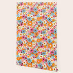 Cheerful Floral Retro Garden 60s 70s Pattern in Ice Blue Orange Pink Wallpaper Gallery Image 2