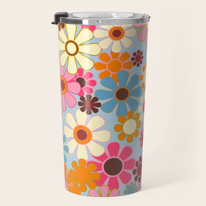 Cheerful Floral Retro Garden 60s 70s Pattern in Ice Blue Orange Pink Travel Mug Gallery Image 3