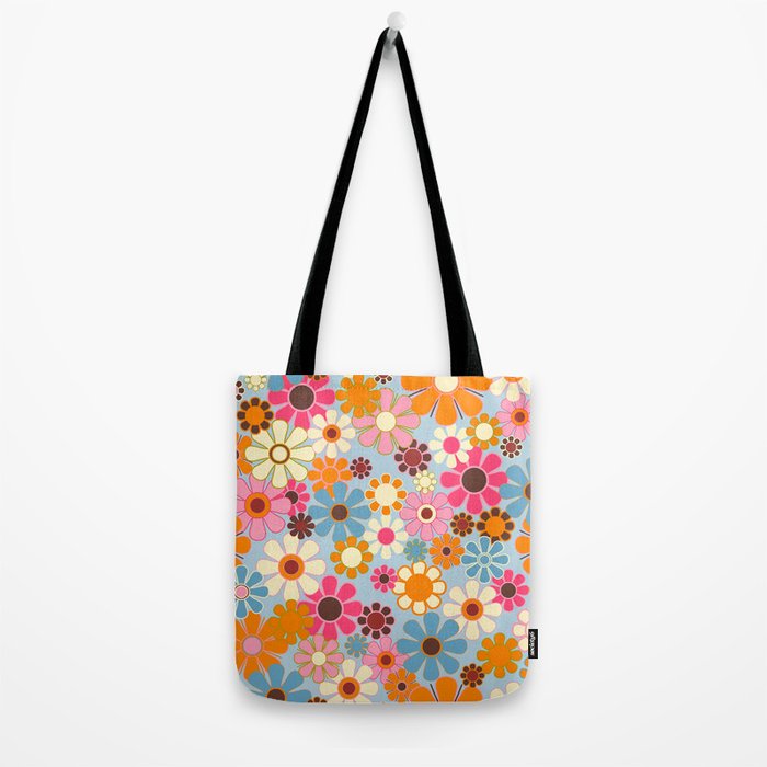 Cheerful Floral Retro Garden 60s 70s Pattern in Ice Blue Orange Pink Tote Bag Gallery Image 2