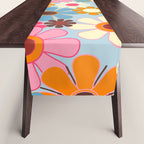Cheerful Floral Retro Garden 60s 70s Pattern in Ice Blue Orange Pink Table Runner Gallery Image 1