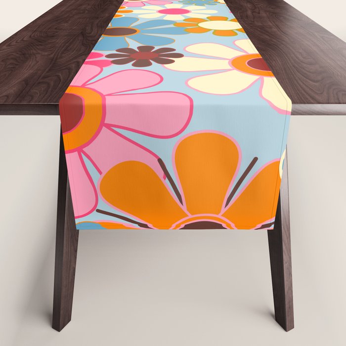Cheerful Floral Retro Garden 60s 70s Pattern in Ice Blue Orange Pink Table Runner Gallery Image 1
