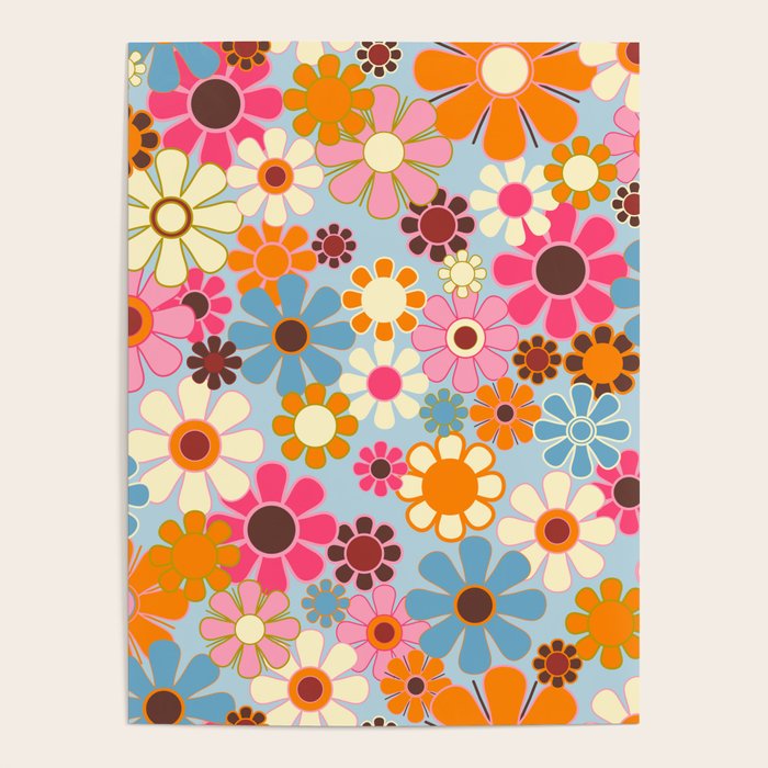 Cheerful Floral Retro Garden 60s 70s Pattern in Ice Blue Orange Pink Poster Gallery Image 4