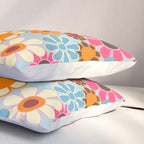 Cheerful Floral Retro Garden 60s 70s Pattern in Ice Blue Orange Pink Pillow Sham Gallery Image 3