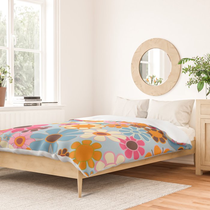 Cheerful Floral Retro Garden 60s 70s Pattern in Ice Blue Orange Pink Duvet Cover Gallery Image 2