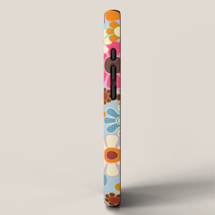 Cheerful Floral Retro Garden 60s 70s Pattern in Ice Blue Orange Pink iPhone Case Gallery Image 2