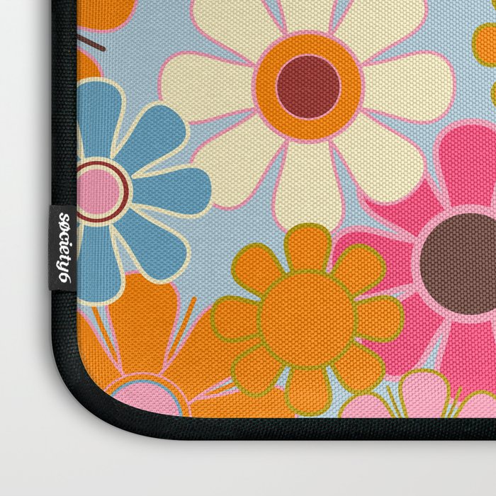 Cheerful Floral Retro Garden 60s 70s Pattern in Ice Blue Orange Pink Laptop Sleeve Gallery Image 3