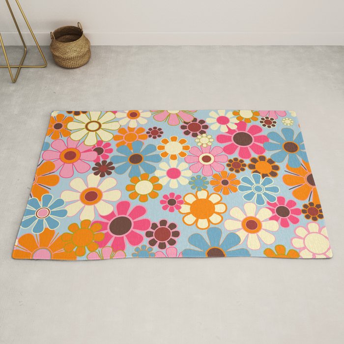 Cheerful Floral Retro Garden 60s 70s Pattern in Ice Blue Orange Pink Rug Gallery Image 2